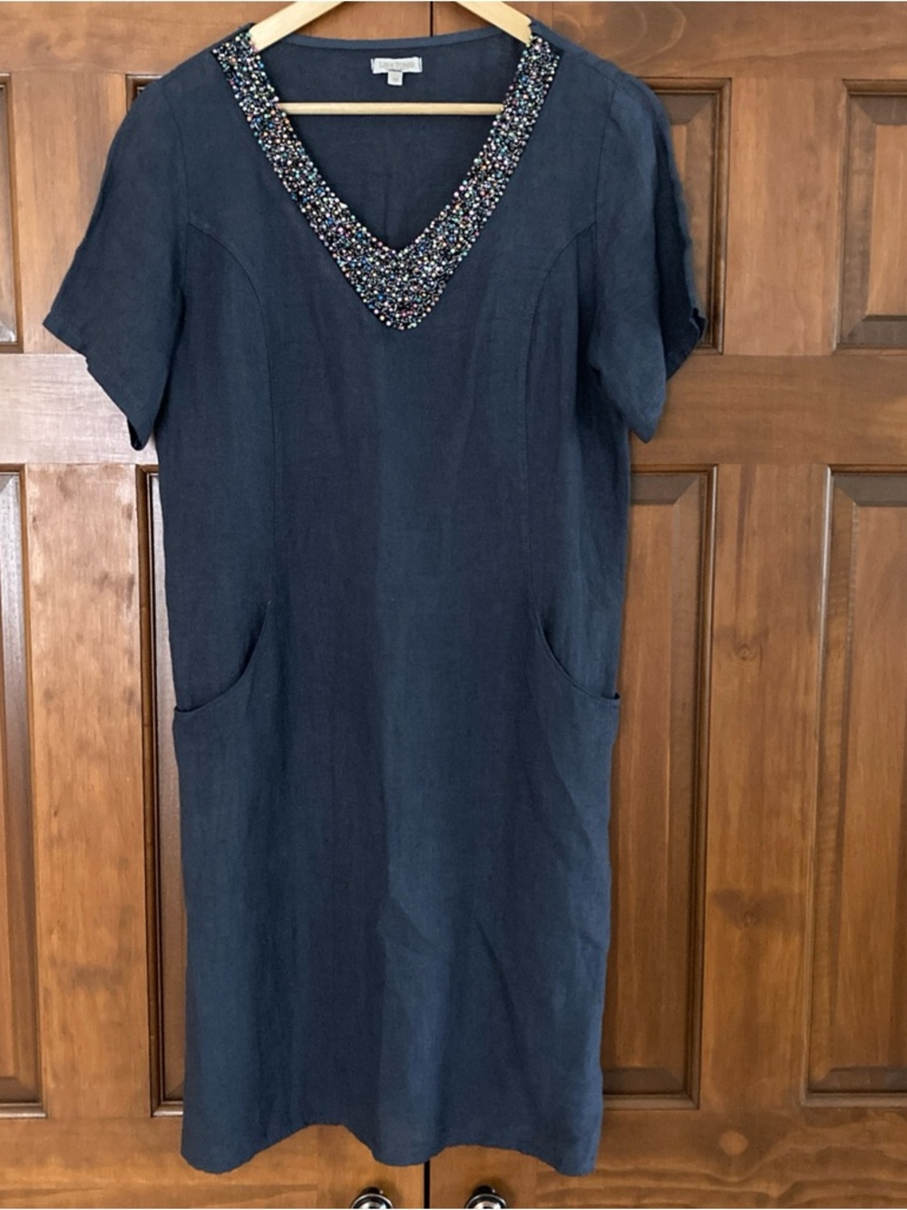 Lina Tomei beaded V-Neck Navy Dress 100% linen medium made in Italy